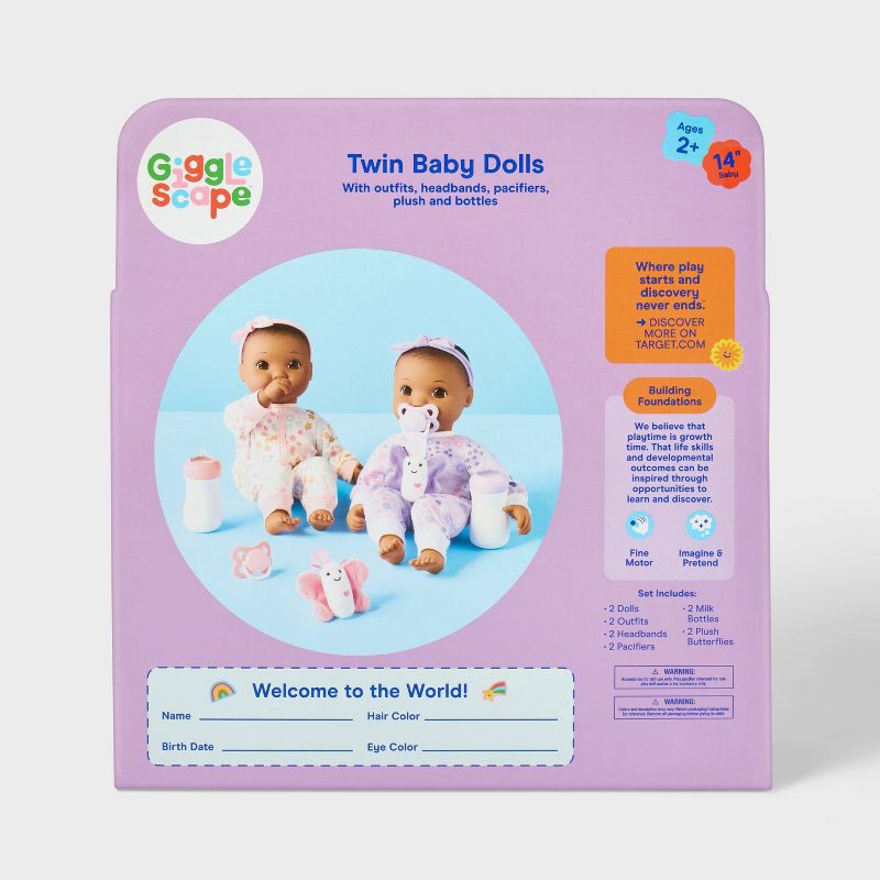 slide 5 of 5, 14" Girl Twin Baby Dolls - Brown Hair/Eyes - Gigglescape™: Includes Pacifier, Bottle & Plush Outfits, 1 ct