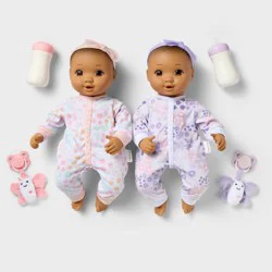 14" Girl Twin Baby Dolls - Brown Hair/Eyes - Gigglescape™: Includes Pacifier, Bottle & Plush Outfits