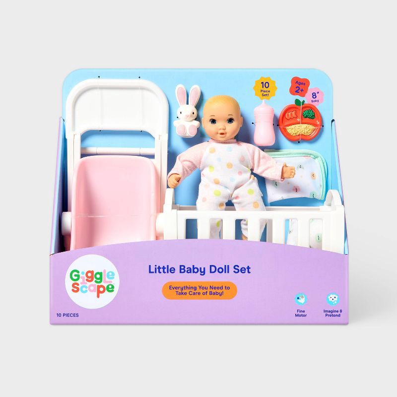 slide 3 of 4, 8" Little Baby Doll Set - Blonde Hair + Blue Eyes - Gigglescape™: Plastic PVC Toy, 10 Pieces, 10 ct