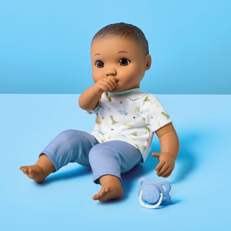 slide 2 of 5, 14" Boy Baby Doll - Brown Hair + Brown Eyes - Gigglescape™: Includes Wavy Hair, Pacifier, Outfit, 4 Pieces, 4 ct