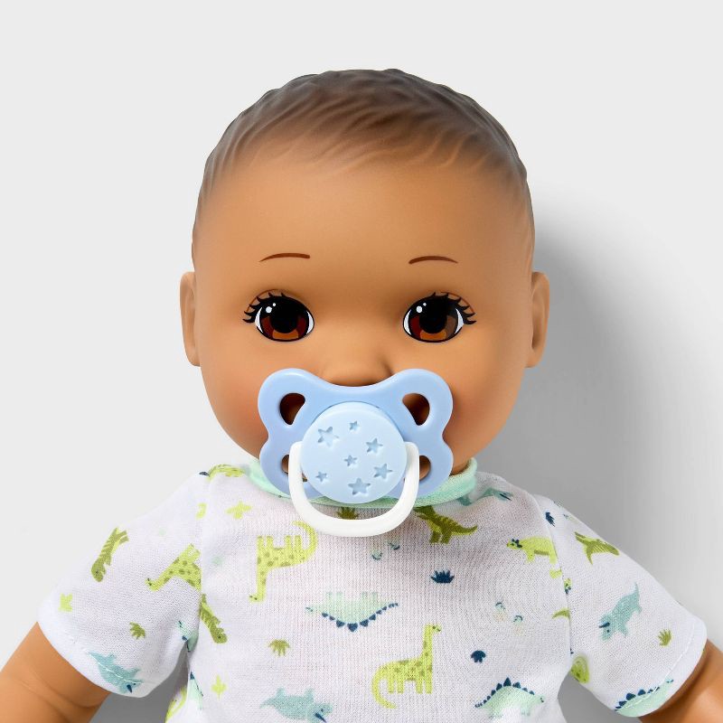 slide 3 of 5, 14" Boy Baby Doll - Brown Hair + Brown Eyes - Gigglescape™: Includes Wavy Hair, Pacifier, Outfit, 4 Pieces, 4 ct