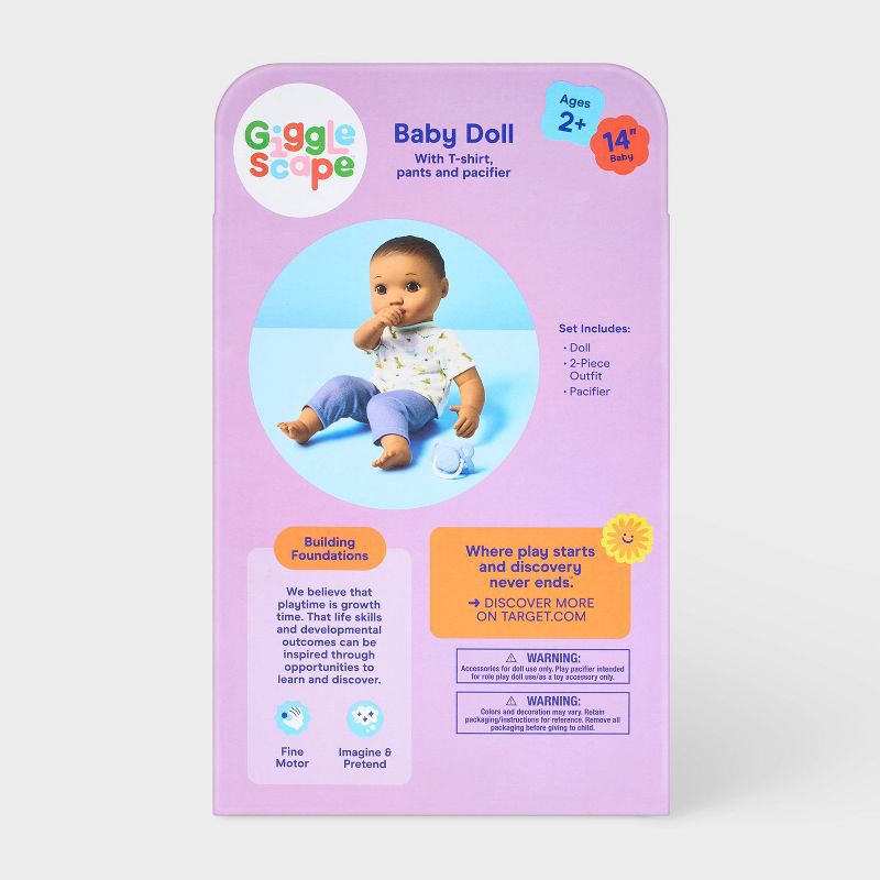 slide 5 of 5, 14" Boy Baby Doll - Brown Hair + Brown Eyes - Gigglescape™: Includes Wavy Hair, Pacifier, Outfit, 4 Pieces, 4 ct