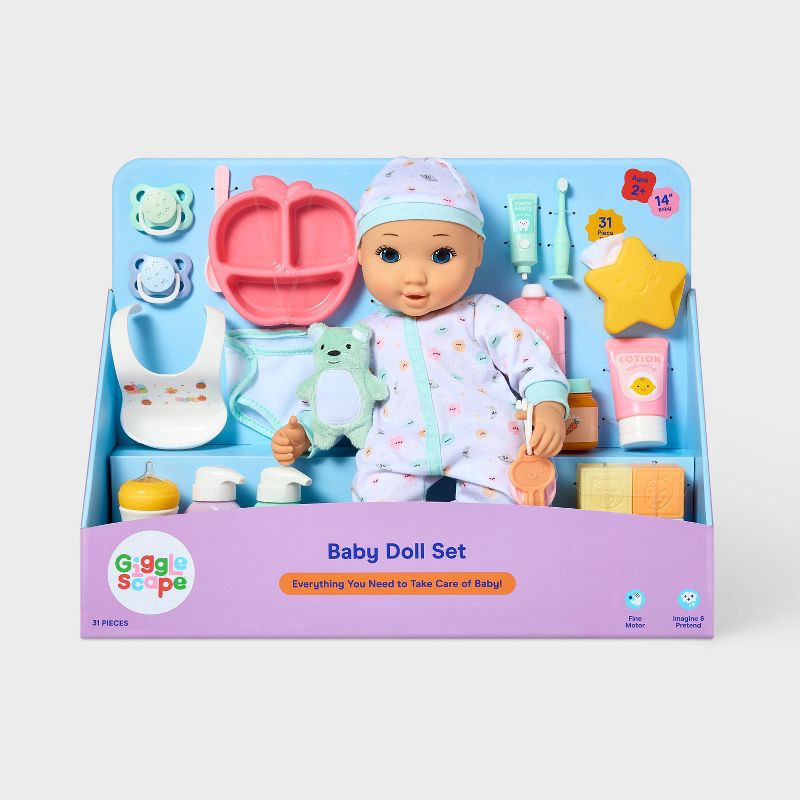 slide 4 of 5, 14" Baby Doll Set - Blonde Hair + Blue Eyes - Gigglescape™: Includes 31 Pieces, Doll Accessories, Play Set, 31 ct