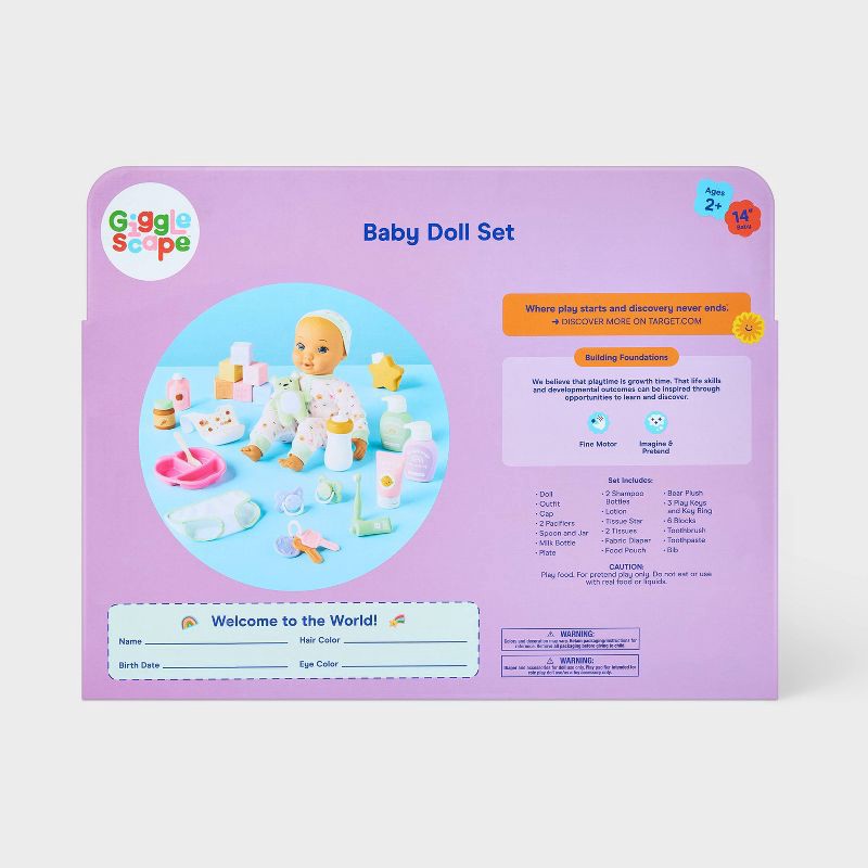 slide 5 of 5, 14" Baby Doll Set - Blonde Hair + Blue Eyes - Gigglescape™: Includes 31 Pieces, Doll Accessories, Play Set, 31 ct
