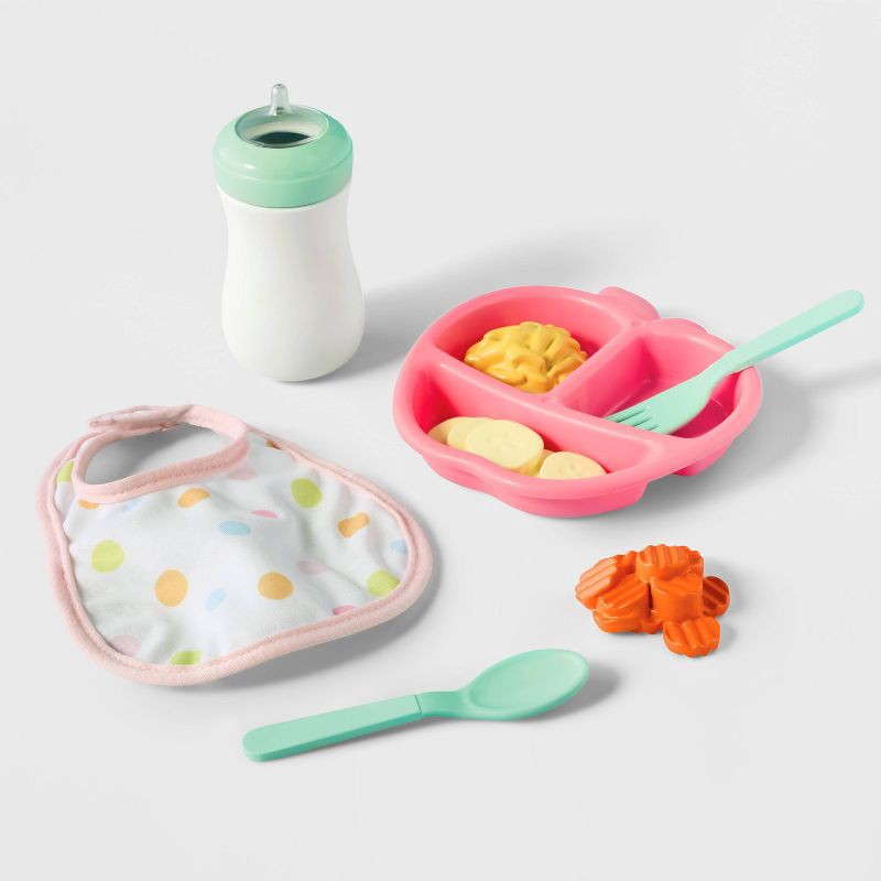 slide 3 of 5, High Chair and Feeding Set - Gigglescape™: Baby Doll Accessories with Bib, Play Food, Bottle, and Utensils, 1 ct