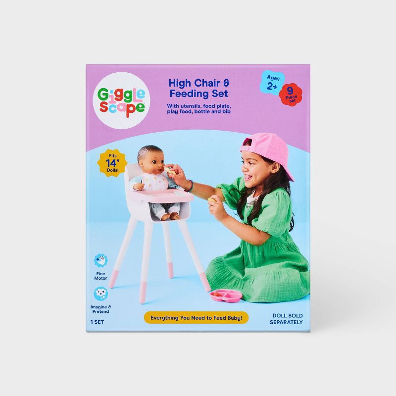 slide 4 of 5, High Chair and Feeding Set - Gigglescape™: Baby Doll Accessories with Bib, Play Food, Bottle, and Utensils, 1 ct