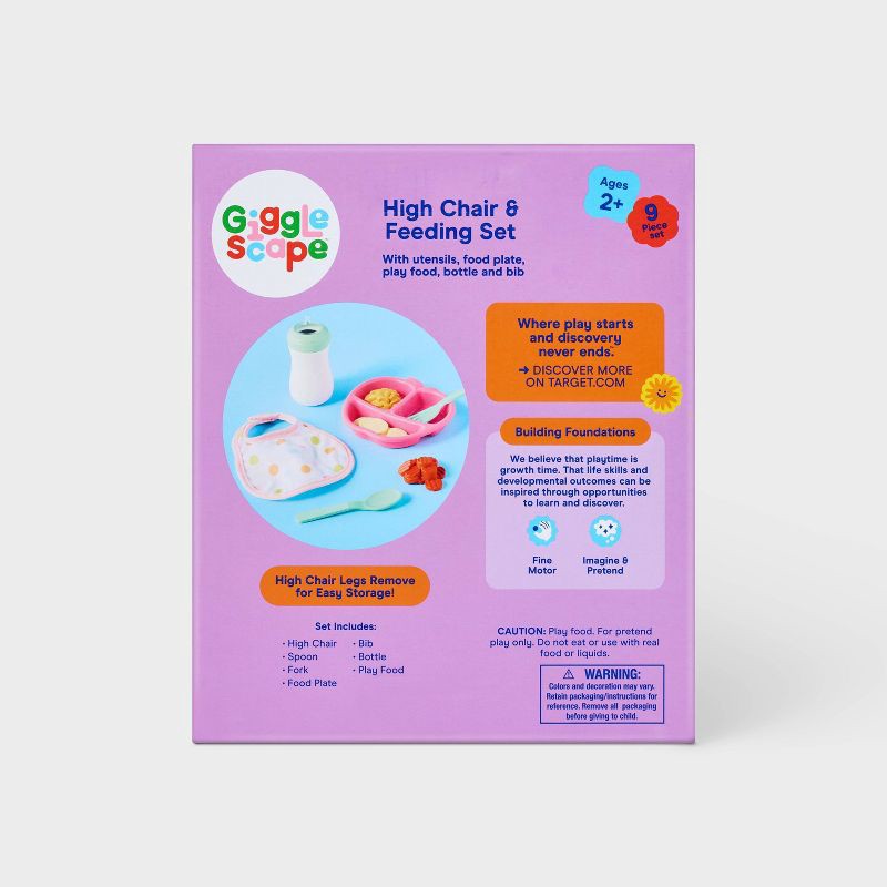 slide 5 of 5, High Chair and Feeding Set - Gigglescape™: Baby Doll Accessories with Bib, Play Food, Bottle, and Utensils, 1 ct