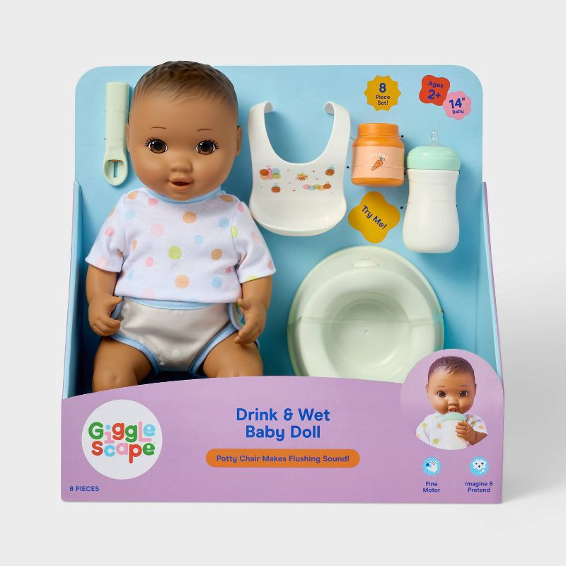 slide 4 of 5, 14" Drink and Wet Baby Doll - Brown Hair + Brown Eyes - Gigglescape™, 1 ct