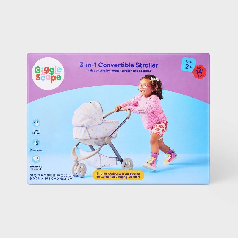 slide 4 of 5, 3 in 1 Convertible Stroller for 14" - 16" Dolls - Gigglescape™: Toy Stroller Baby Doll Accessories, 1 ct