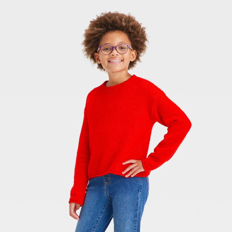 slide 1 of 5, Girls' Pullover Boucle Sweater - Cat & Jack™ Red L, 1 ct