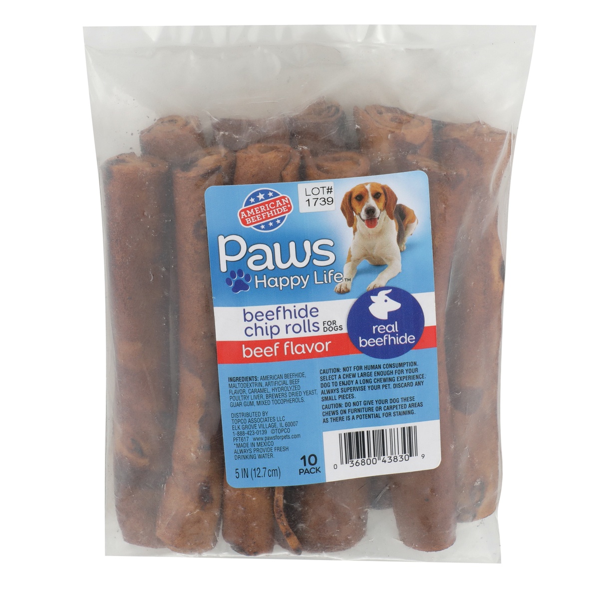 slide 1 of 8, Paws Happy Life Beef Flavor Beefhide Chip Rolls For Dogs, 10 ct