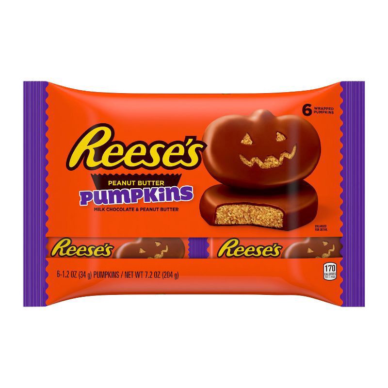 slide 1 of 7, REESE'S Milk Chocolate Peanut Butter Pumpkins, Halloween Candy Packs, 1.2 oz (6 Count), 6 ct