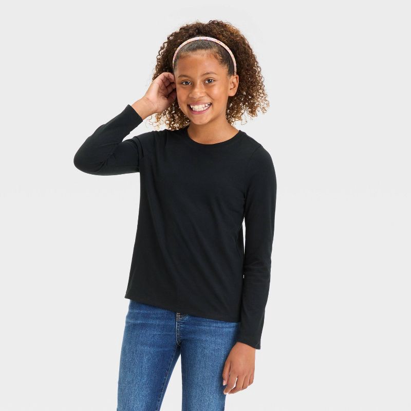 slide 1 of 3, Girls' Long Sleeve T-Shirt - Cat & Jack™ Black L, 1 ct