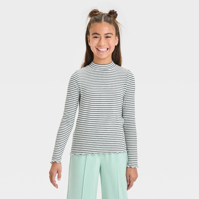 slide 1 of 3, Girls' Long Sleeve Rib Striped T-Shirt - Cat & Jack™ Cream L, 1 ct