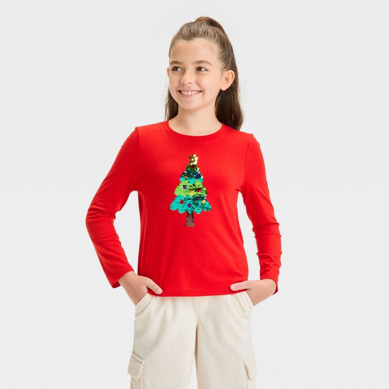 slide 2 of 4, Girls' Long Sleeve Flip Sequin 'Christmas Tree' T-Shirt - Cat & Jack™ Red S, 1 ct