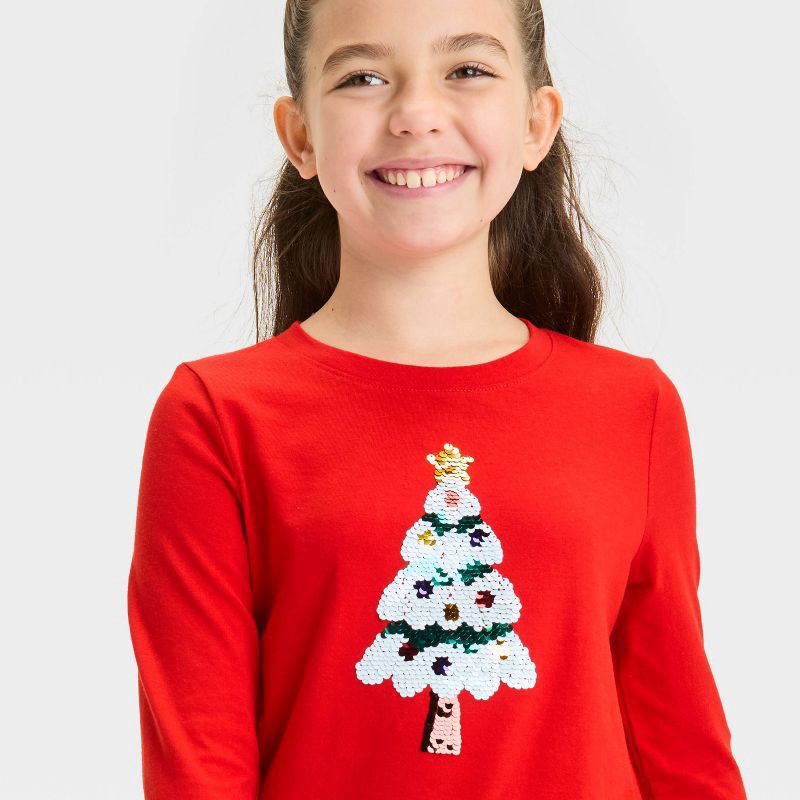 slide 3 of 4, Girls' Long Sleeve Flip Sequin 'Christmas Tree' T-Shirt - Cat & Jack™ Red S, 1 ct