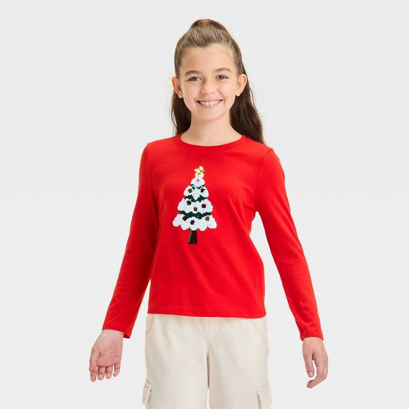 slide 1 of 4, Girls' Long Sleeve Flip Sequin 'Christmas Tree' T-Shirt - Cat & Jack™ Red S, 1 ct