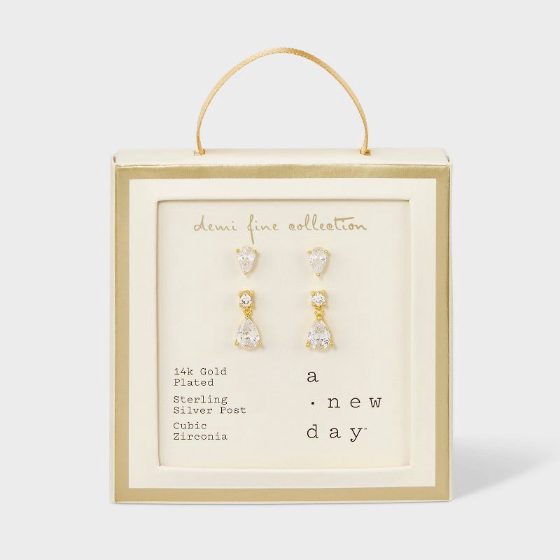 slide 1 of 2, 14k Gold Plated Cubic Zirconia Teardrop and Dangle Stud Earring Set 2pc - A New Day™ Gold: Brass, Nickel-Free, Post Closure, 2 ct