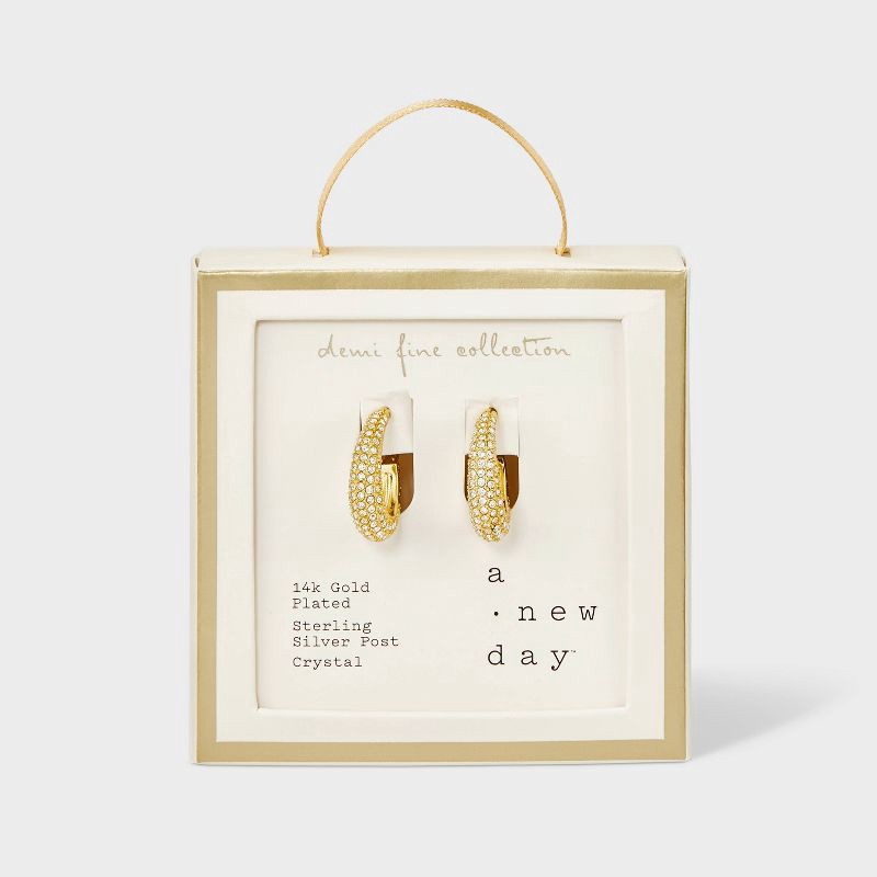 slide 1 of 3, 14k Gold Plated Crystal Click Top Tapered Hoop Earrings - A New Day™ Gold: Brass, Nickel-Free, 0.6" Length, 1 ct