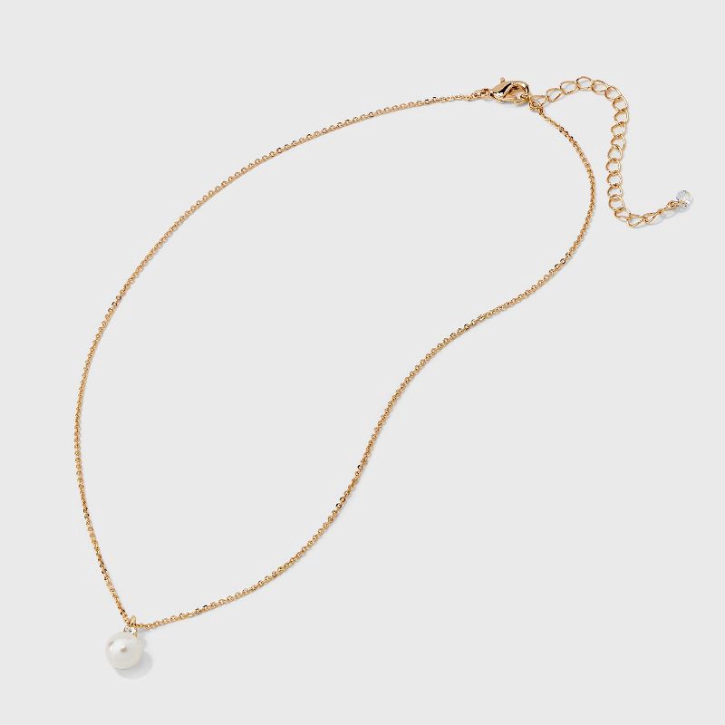 slide 3 of 4, Glass Pearl Pendant with Cubic Zirconia Chain Necklace - A New Day™ Gold: Singapore Style, Lobster Claw Clasp, Steel & Brass, 1 ct