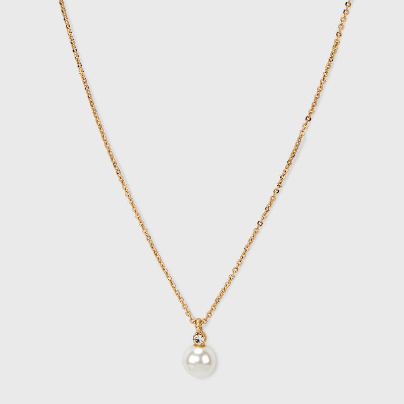 slide 1 of 4, Glass Pearl Pendant with Cubic Zirconia Chain Necklace - A New Day™ Gold: Singapore Style, Lobster Claw Clasp, Steel & Brass, 1 ct