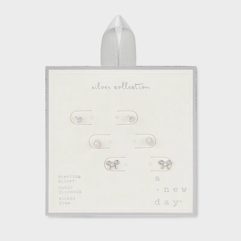 slide 1 of 2, Cubic Zirconia with Glass Pearl Bow Earring Set 3pc - A New Day™ Silver: Polished Stud Earrings, Fashion Accessory, 3 ct
