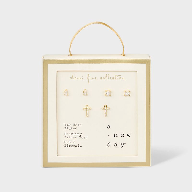 slide 1 of 2, 14k Gold Plated Cubic Zirconia Teardrop Square and Cross Stud Earring Set 3pc - A New Day™ Gold: Brass, Nickel-Free, 3 ct