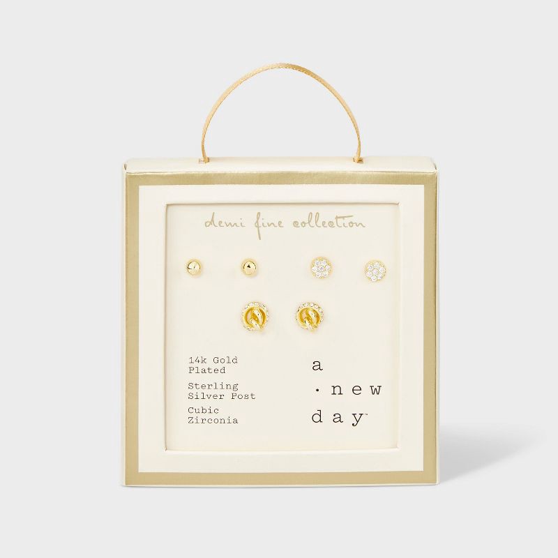 slide 1 of 2, 14K Gold Plated Ball Stud Cubic Zirconia Pave Disc and Knot Stud Earring Set 3pc - A New Day™ Gold: Brass, Nickel-Free, 3 ct