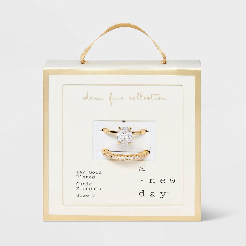 slide 2 of 3, 14K Gold Plated Oval Cubic Zirconia and Pave Band Wedding Ring Set 2pc - A New Day™ Gold 7: Nickel-Free, Polished Finish, Size 7, 2 ct