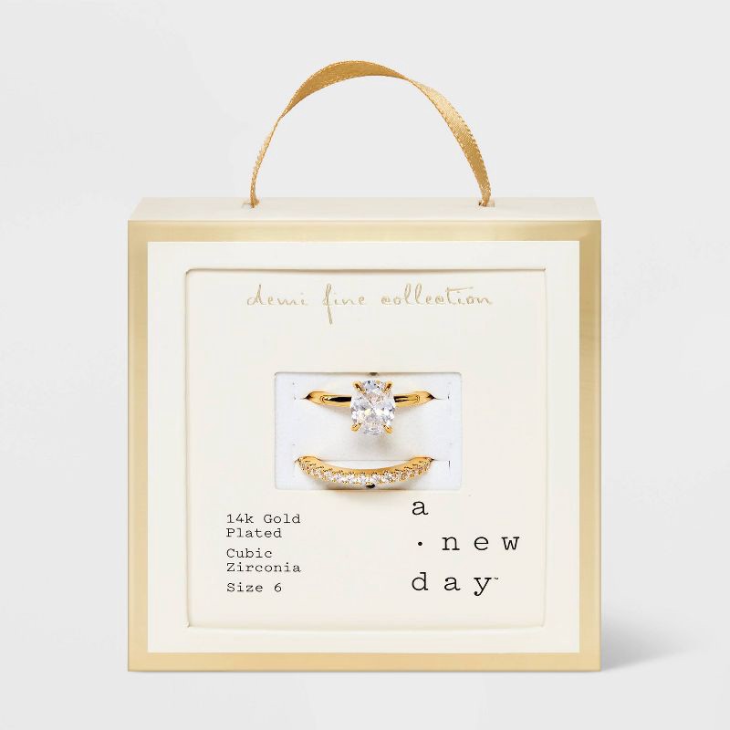 slide 2 of 3, 14K Gold Plated Oval Cubic Zirconia and Pave Band Wedding Ring Set 2pc - A New Day™ Gold 6: Nickel-Free, Polished Finish, 2 ct