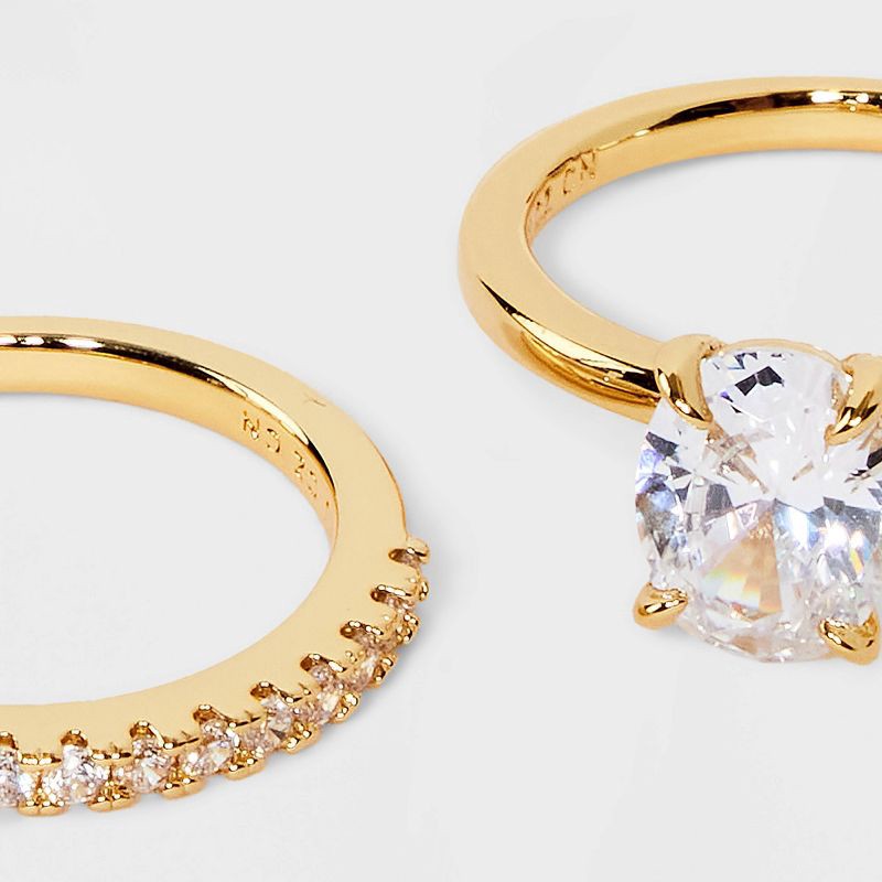 slide 3 of 3, 14K Gold Plated Oval Cubic Zirconia and Pave Band Wedding Ring Set 2pc - A New Day™ Gold 6: Nickel-Free, Polished Finish, 2 ct