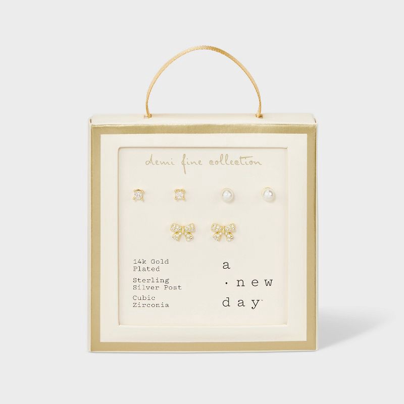 slide 1 of 2, 14k Gold Plated Simulated Pearl Round Cubic Zirconia Bow Stud Earring Set 3pc - A New Day™ Gold: Brass, Nickel-Free, Post Closure, 3 ct