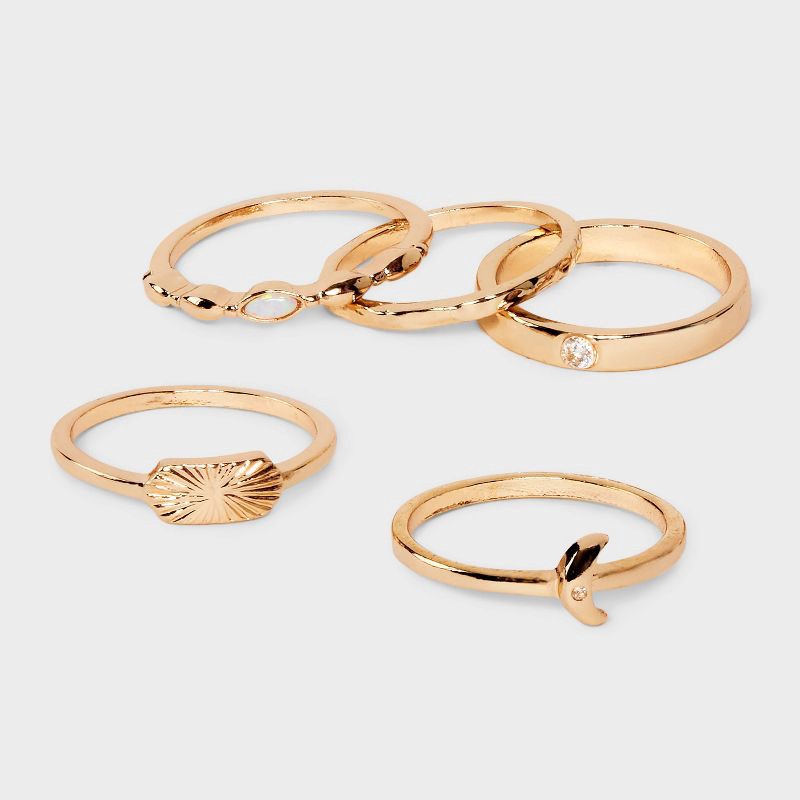 slide 1 of 2, Cubic Zirconia Semi-Precious Opal and Moon Ring Set 5pc - Universal Thread™ Gold: Stacking Jewelry, Size 7-9, 5 ct