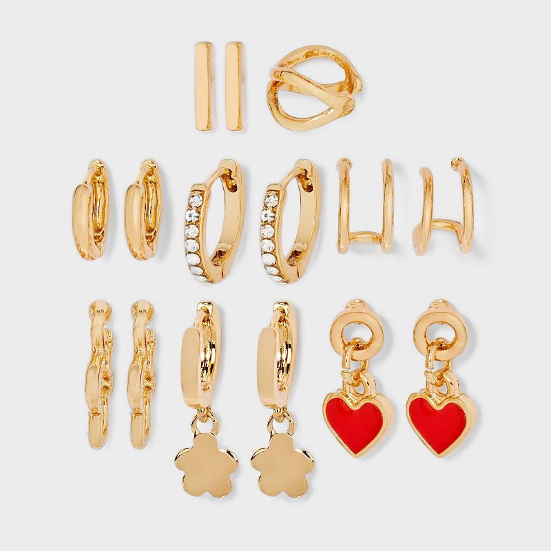slide 1 of 2, Mixed Heart Ear Cuff and Hoop Earring Set 8pc - Universal Thread™: Nickel-Free Metal, Post Closure, 15+ Age, Studs Included, 8 ct