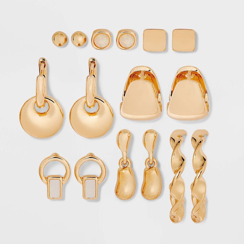 slide 1 of 2, Multi Earring Set with Mother of Pearl & Faux Opal Set 8pc - Universal Thread™ Gold: Nickel-Free Metal, Hoop & Stud, 8 ct