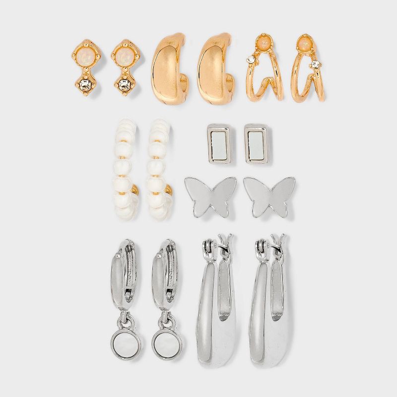 slide 1 of 2, Multi Earring with Mother of Pearl Set 8pc - Universal Thread™ Metallic Gold/Silver/White: Nickel-Free Metal, 8 ct