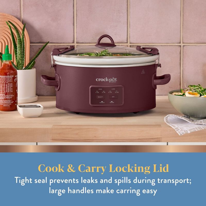 slide 2 of 6, Crock-Pot 6qt Cook & Carry Programmable Slow Cooker Ceramic Lambrusco Red: 3 Settings, Dishwasher-Safe Parts, 210W, 6 qt