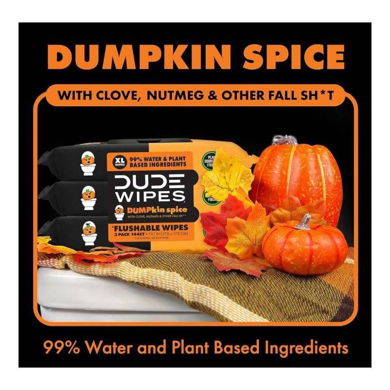 slide 2 of 6, Dude Wipes Dumpkin Spice Flushable Wipes - 3pk/144ct, 3 pk; 144 ct