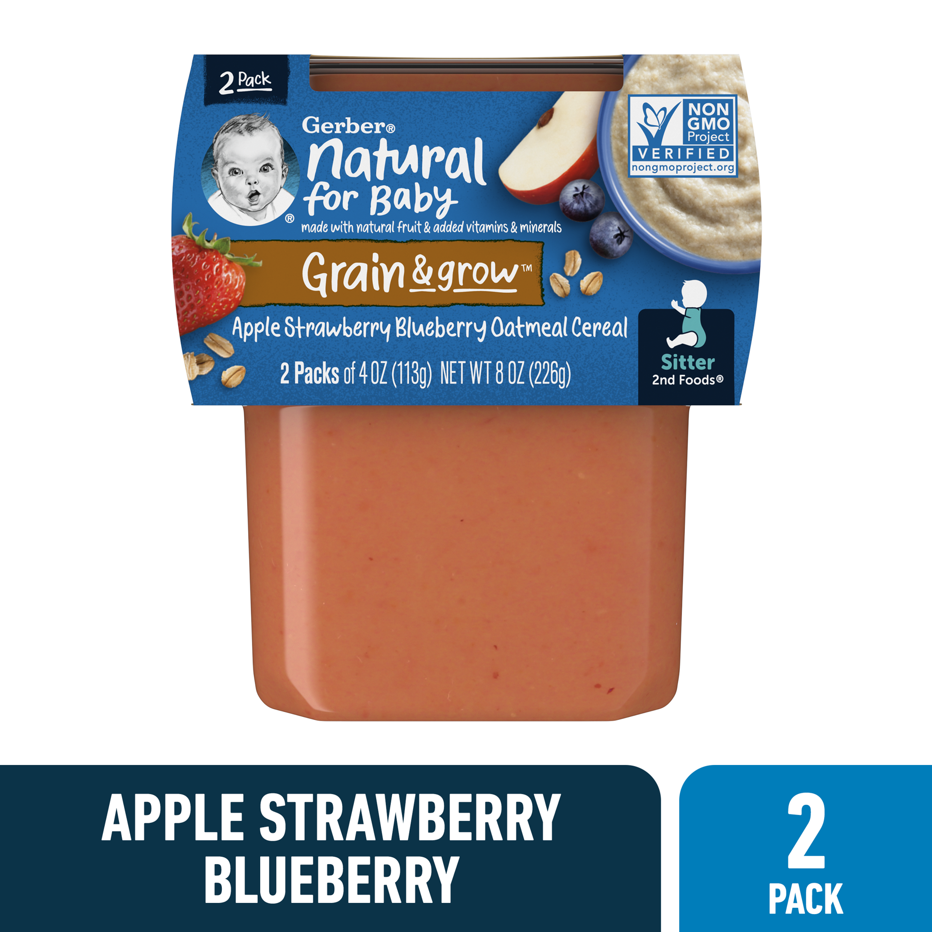 slide 1 of 5, Gerber Stage 2 Baby Food, Apple Strawberry Blueberry With Mixed Cereal, 4 oz Tubs (2 Pack), 8 oz