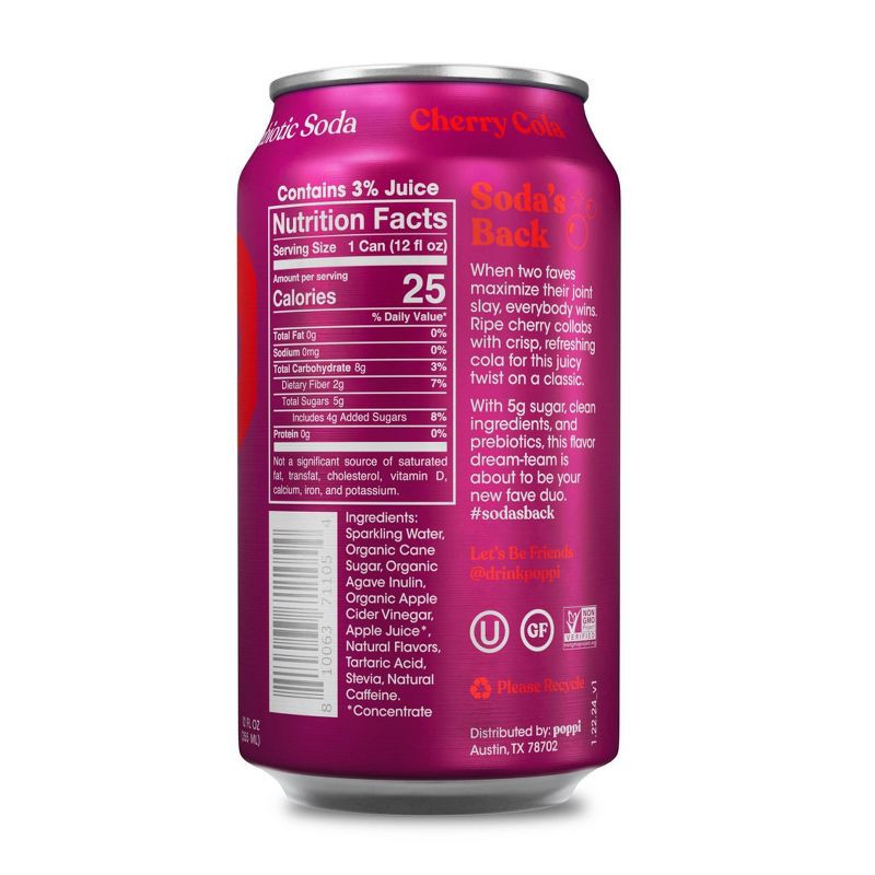 slide 2 of 6, Poppi Cherry Cola Prebiotic Soda - 12 fl oz Can, 12 fl oz