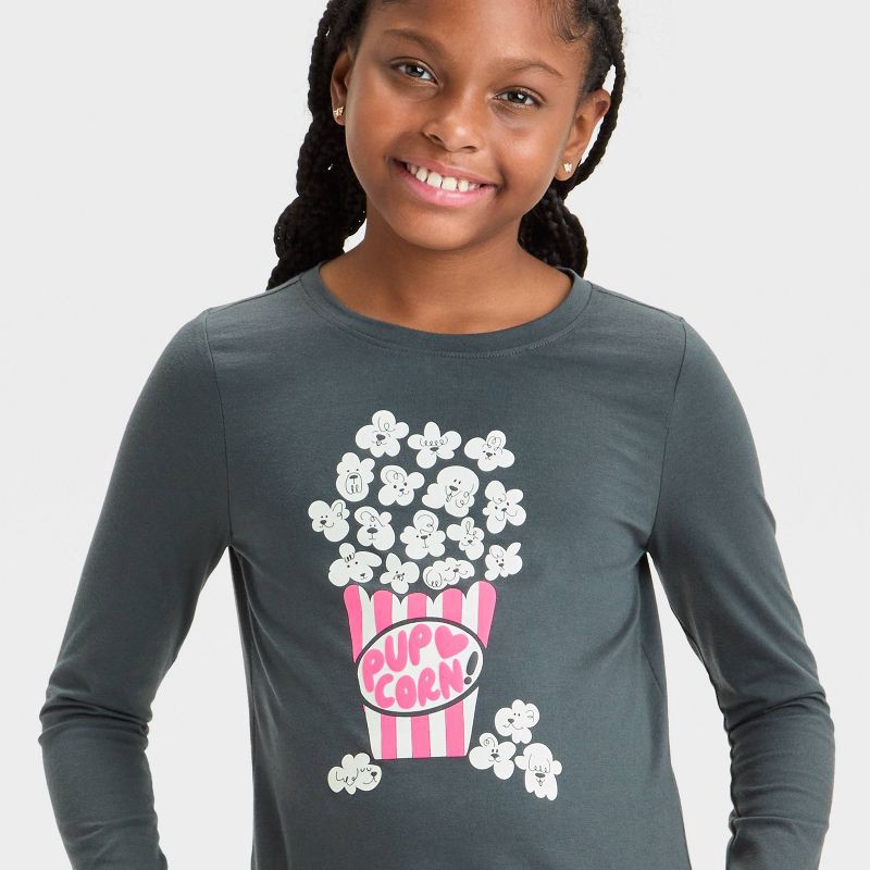 slide 2 of 4, Girls' Long Sleeve 'Pup-Corn' Graphic T-Shirt - Cat & Jack™ Charcoal Gray S, 1 ct