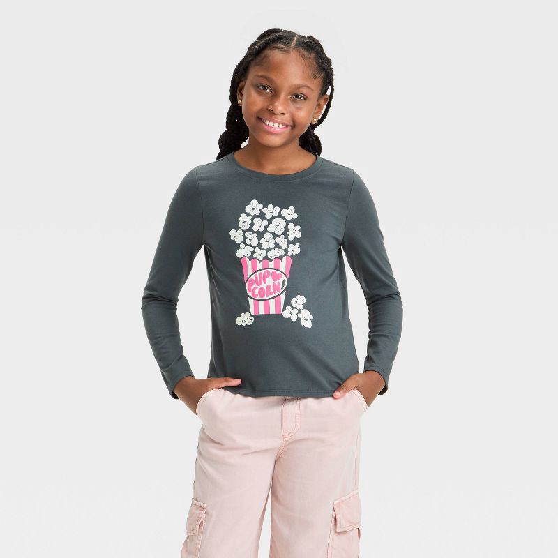 slide 1 of 4, Girls' Long Sleeve 'Pup-Corn' Graphic T-Shirt - Cat & Jack™ Charcoal Gray S, 1 ct