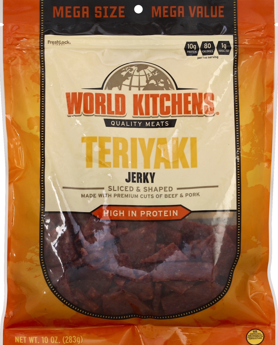 slide 2 of 3, World Kitchens Jerky Sliced & Shaped Teriyaki, 10 oz