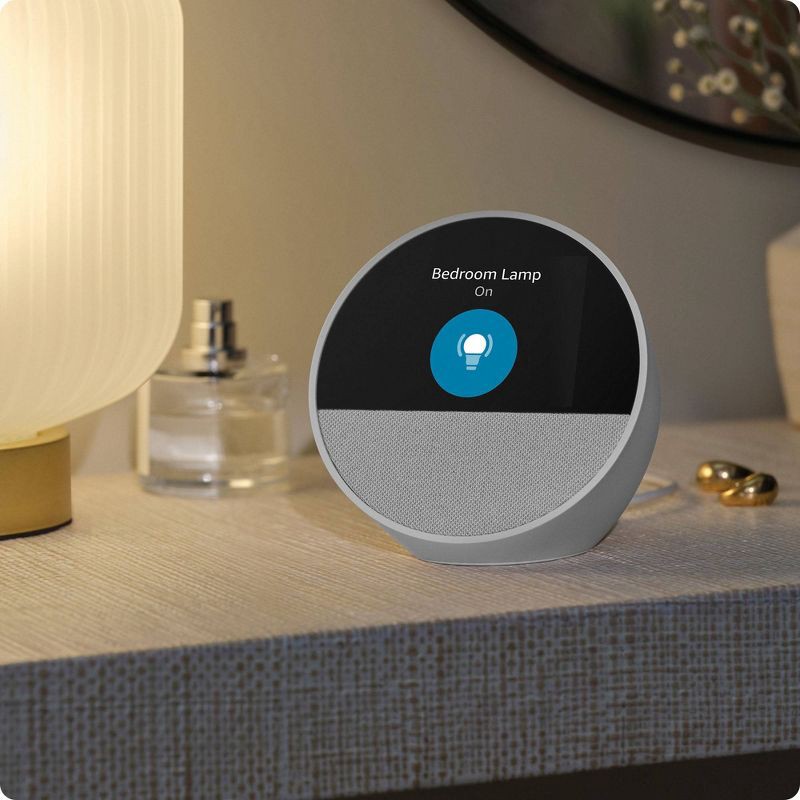 slide 7 of 8, Amazon Echo Spot, Smart Alarm Clock with Vibrant Sound and Alexa (2024 Release) - Glacier White, 1 ct