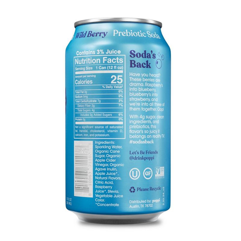 slide 2 of 6, Poppi Wild Berry Prebiotic Soda - 12 fl oz Can, 12 fl oz