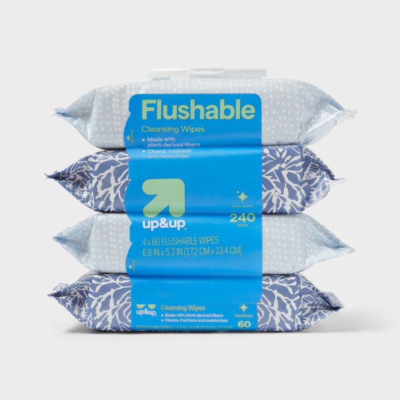 slide 4 of 4, Flushable Cleansing Wipes - Fresh Scent - 4pk/60ct - up&up™, 4 ct, 60 ct