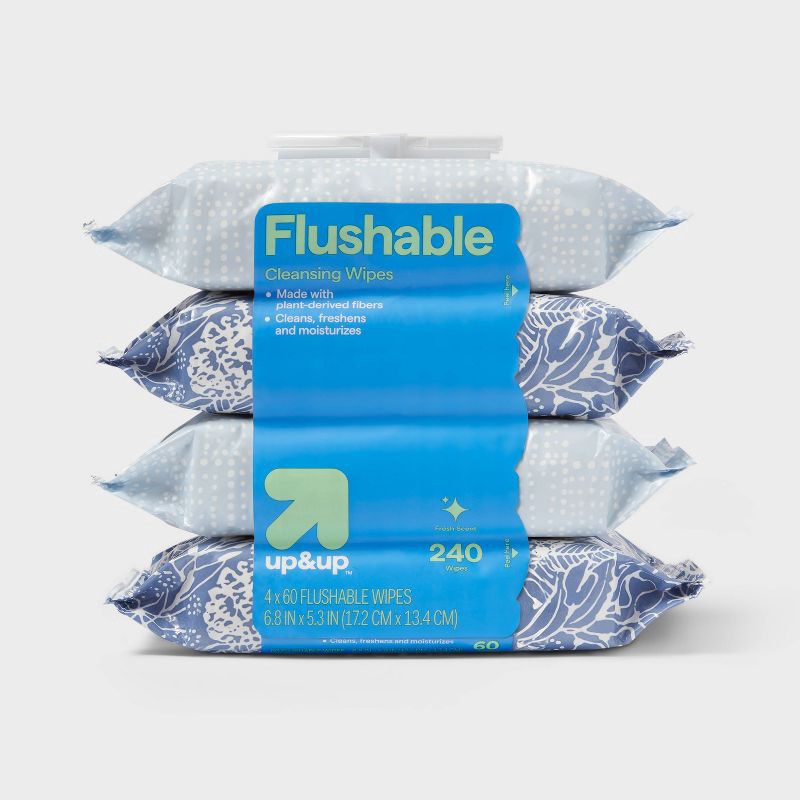 slide 1 of 4, Flushable Cleansing Wipes - Fresh Scent - 4pk/60ct - up&up™, 4 ct, 60 ct