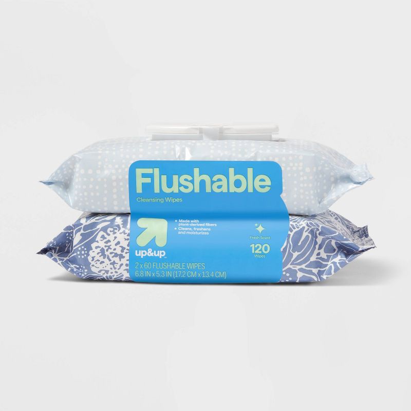 slide 1 of 4, Flushable Cleansing Wipes - Fresh Scent - 2pk/60ct - up&up™, 2 ct, 60 ct