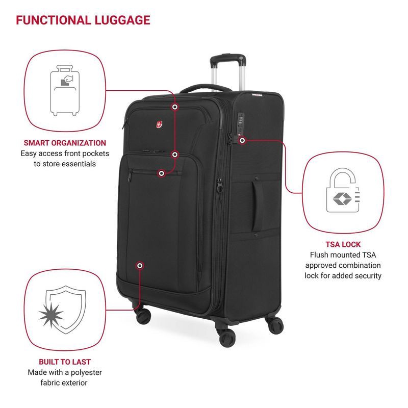slide 4 of 14, SWISSGEAR Zurich Softside Large Checked Suitcase - Black: Tear-Resistant, Expandable, 1 ct