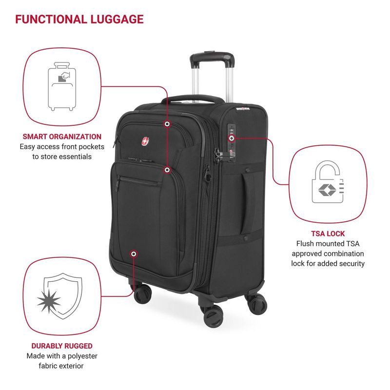 slide 3 of 14, SWISSGEAR Zurich Softside Carry On Suitcase - Black: Telescoping Handle, 8 Wheels, 1 ct